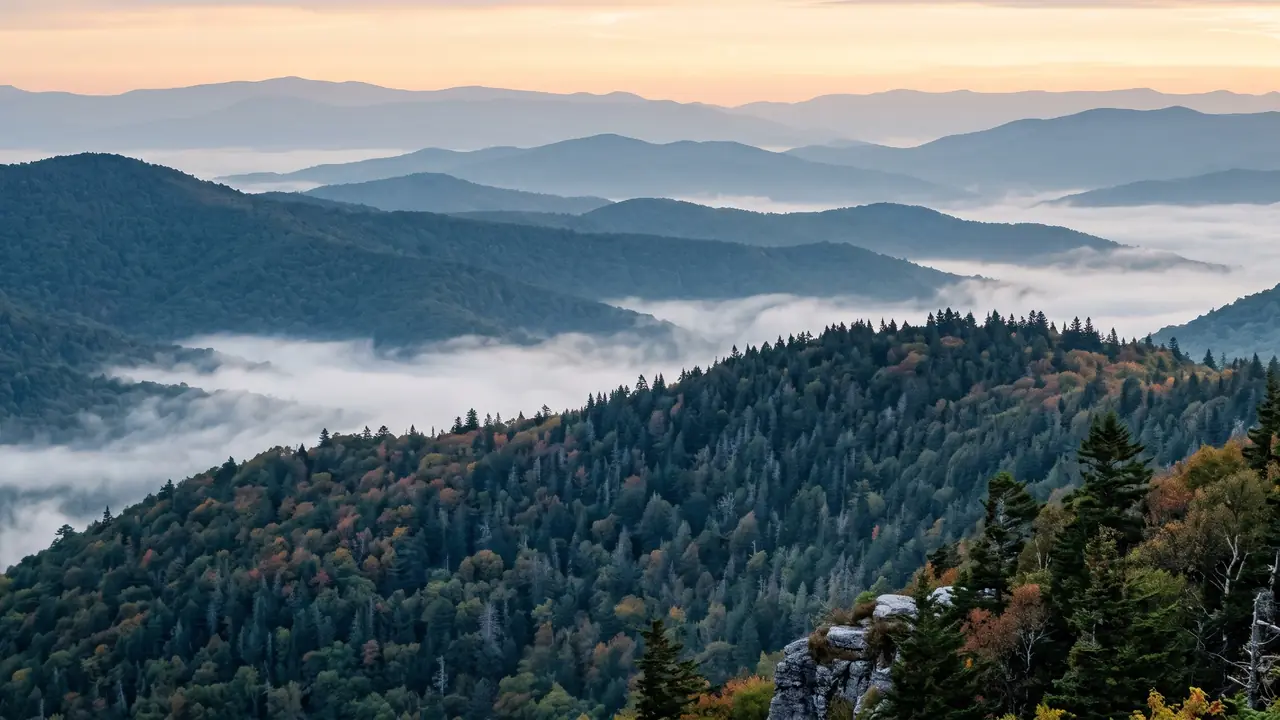 Layered forested mountain ridgelines at dawn, with white mist filling the valleys between them