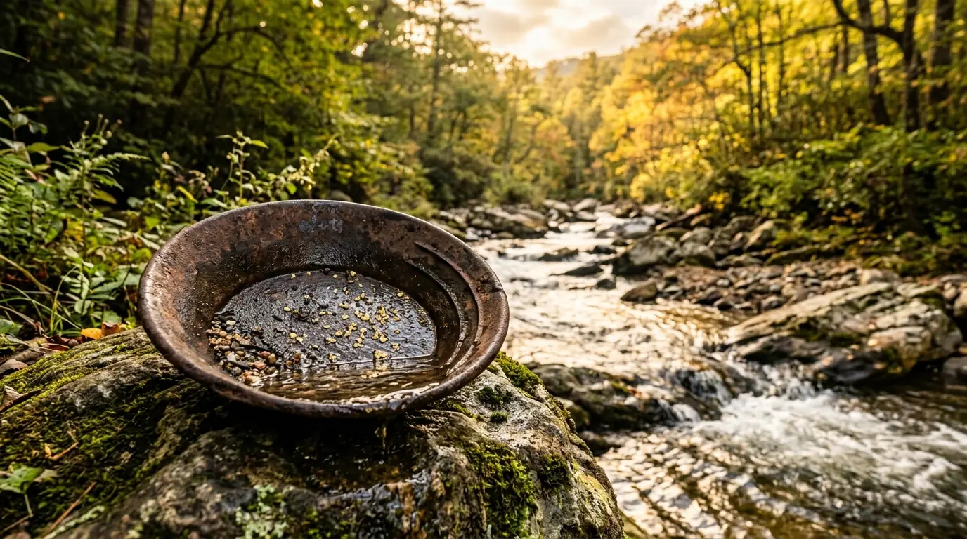 A rusted iron panning dish containing glinting gold flakes rests on a mossy rock beside a rushing mountain creek
