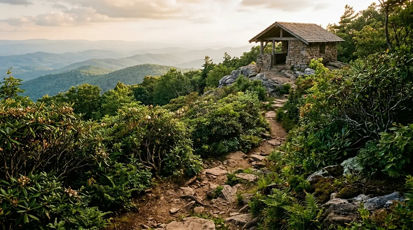 A rocky dirt footpath winds through dense rhododendron bushes toward a rustic stone shelter atop a hazy, forest-covered mountain summit