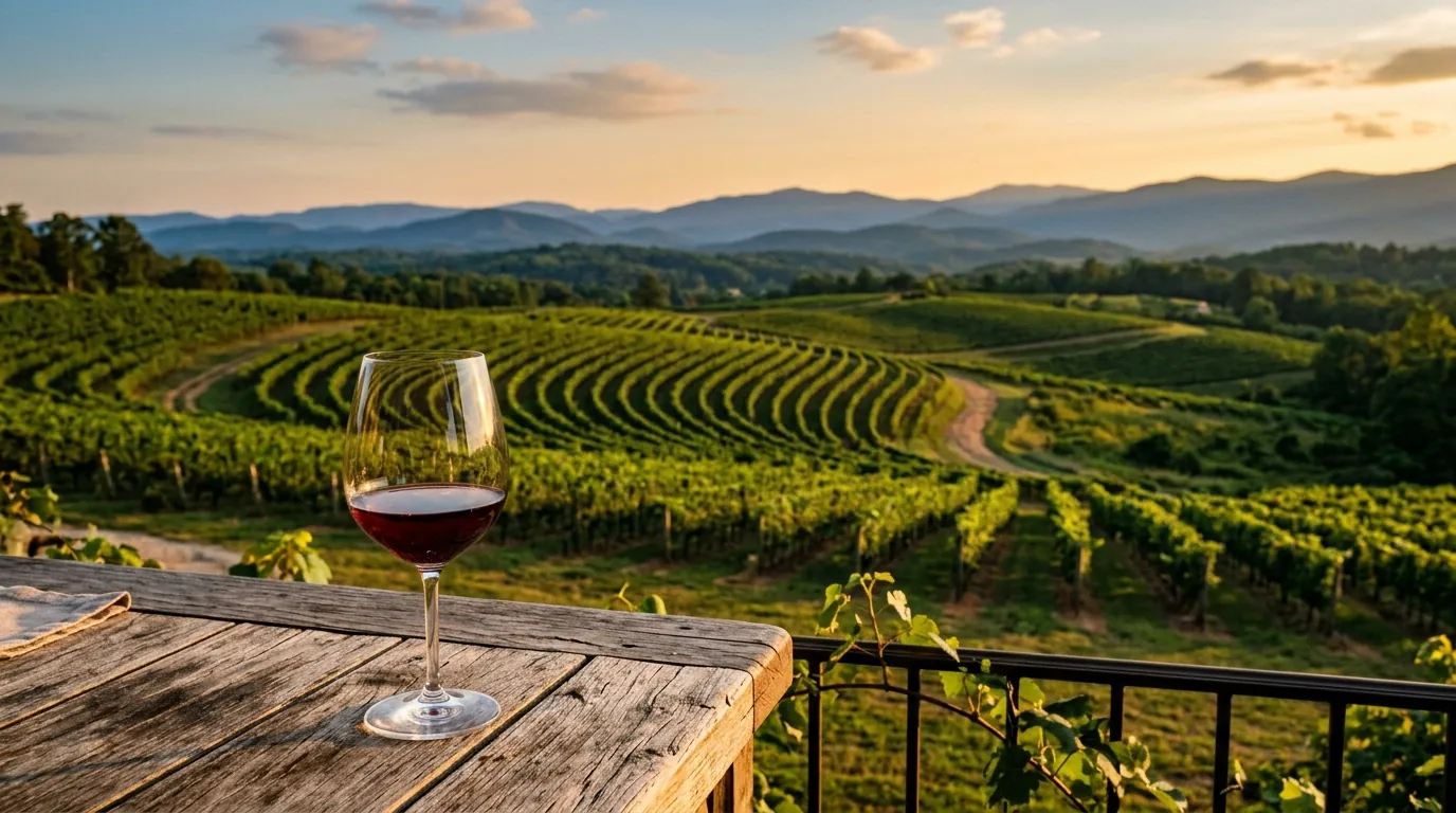A glass of wine rests on a wooden table overlooking endless vineyard rows sweeping toward distant, hazy blue mountain ridges