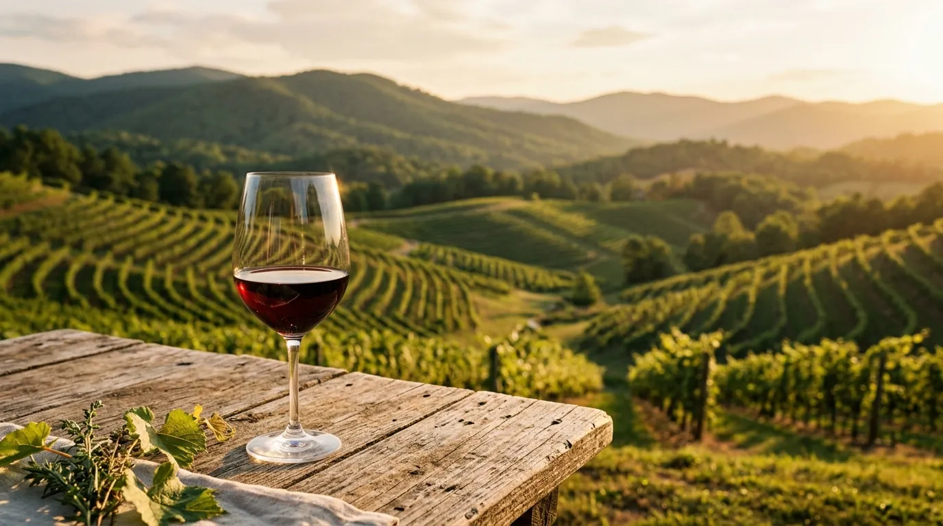 A filled wine glass sits on a rustic wooden table overlooking sunlit, rolling mountain vineyards at golden hour
