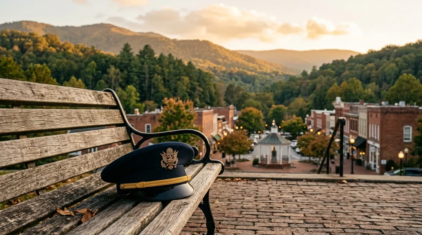 A military dress cap rests on a wooden park bench, overlooking a quaint brick-paved town square framed by forested mountain slopes