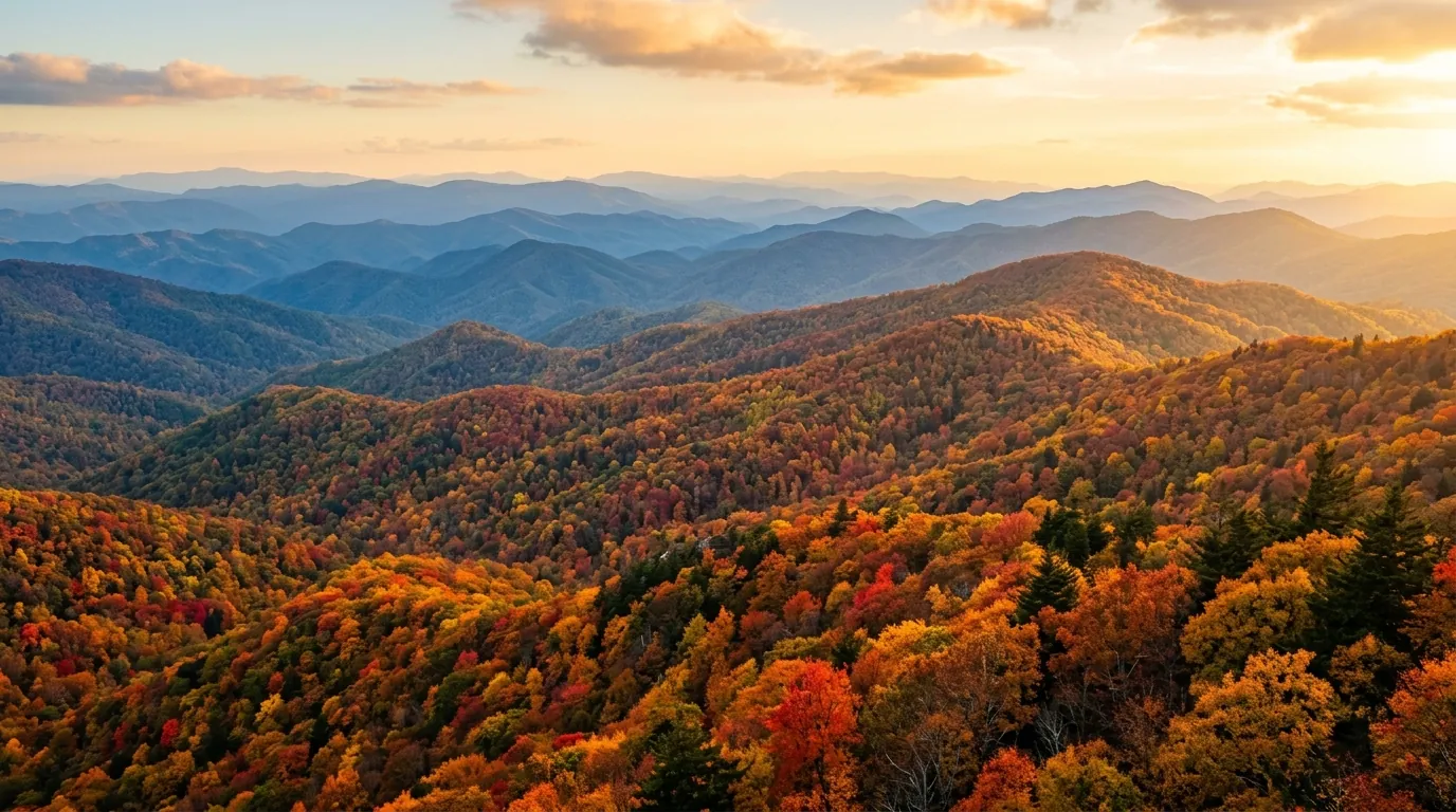 Layered blue mountain ridges stretch into the distance, blanketed in a vivid canopy of fiery red, orange, and golden autumn leaves