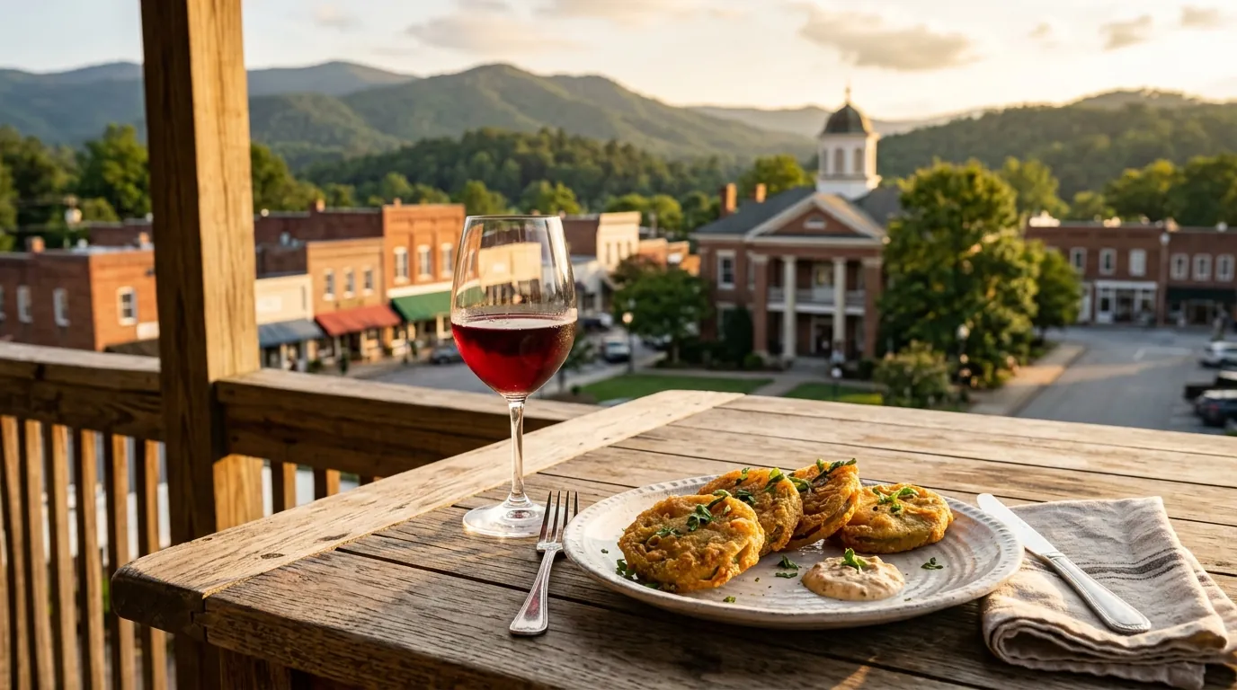 A glass of local wine and a plate of fried green tomatoes sit on a sunlit wooden table overlooking a historic town square