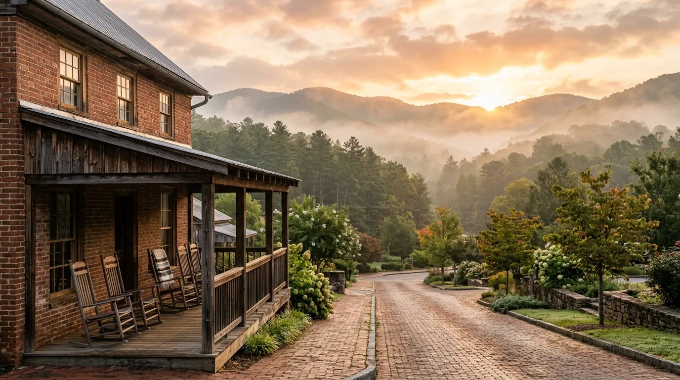Morning mist clings to forested mountain ridges behind a historic brick-paved street, where rocking chairs sit invitingly on a wooden porch