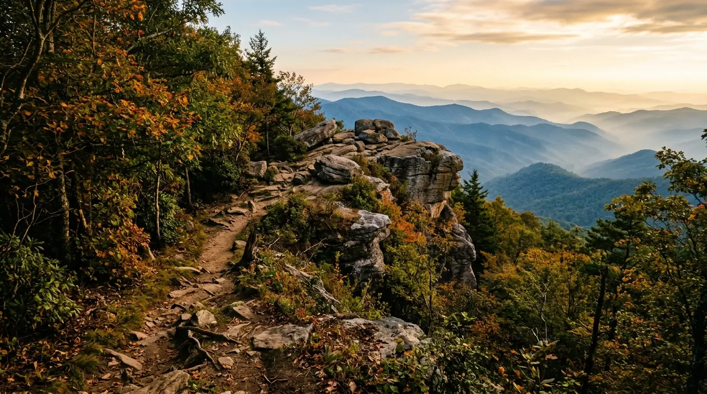 A rugged dirt trail winding through dense woods to a boulder-strewn summit overlooking endless, misty blue mountain ridges