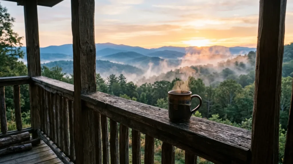 Morning mist rising over blue mountain ridges, viewed past a rustic wooden porch railing supporting a single steaming coffee mug