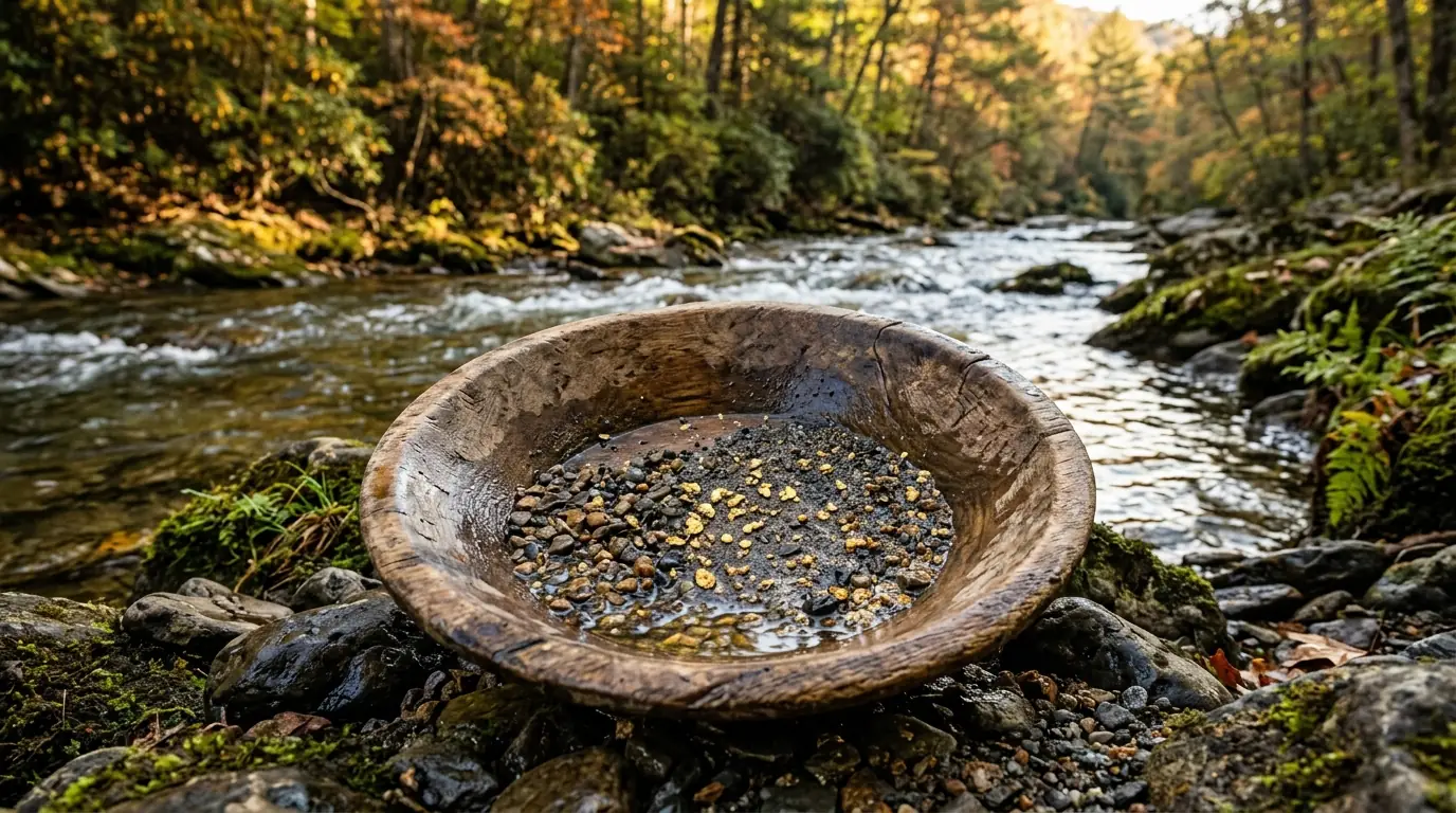 A weathered wooden gold pan filled with wet river gravel and glistening golden flakes, resting beside a clear, flowing mountain creek