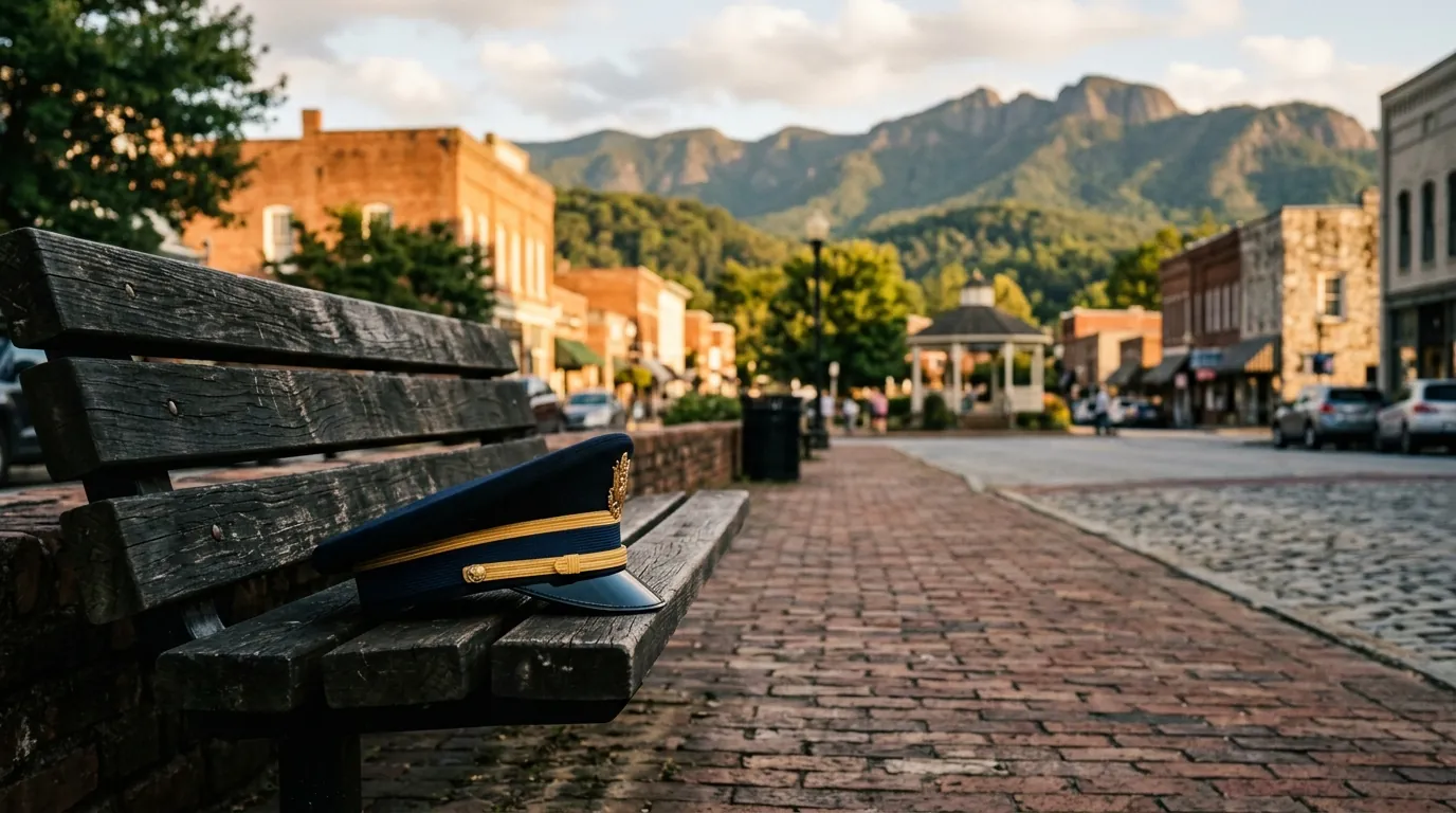 A dress military cap resting on a wooden bench along a historic brick sidewalk overlooking a mountain-ringed downtown square