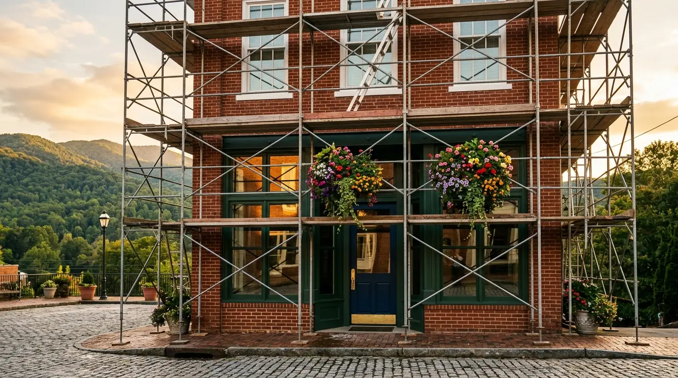 Scaffolding frames a historic brick storefront with fresh paint, polished glass windows, and vibrant flower baskets overlooking a sunny square