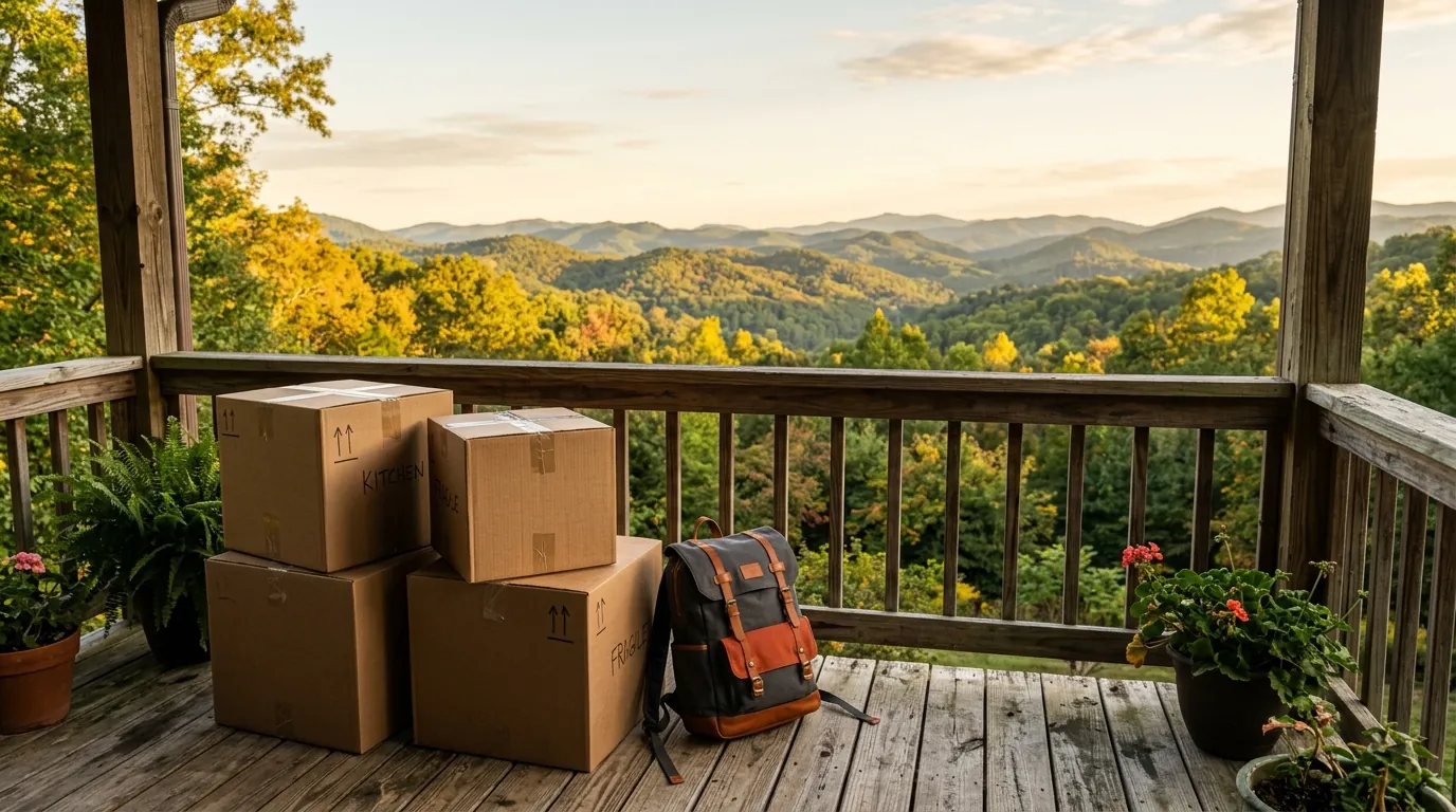 Packed moving boxes and a new school backpack rest on a wooden porch, overlooking rolling, tree-covered mountain ridges in soft morning sunlight