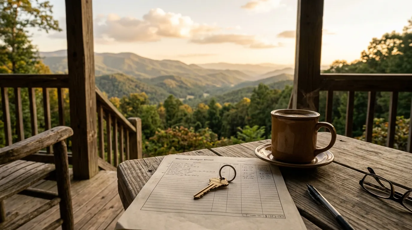 A house key resting on a monthly budget sheet beside a cup of coffee on a porch overlooking distant mountain peaks