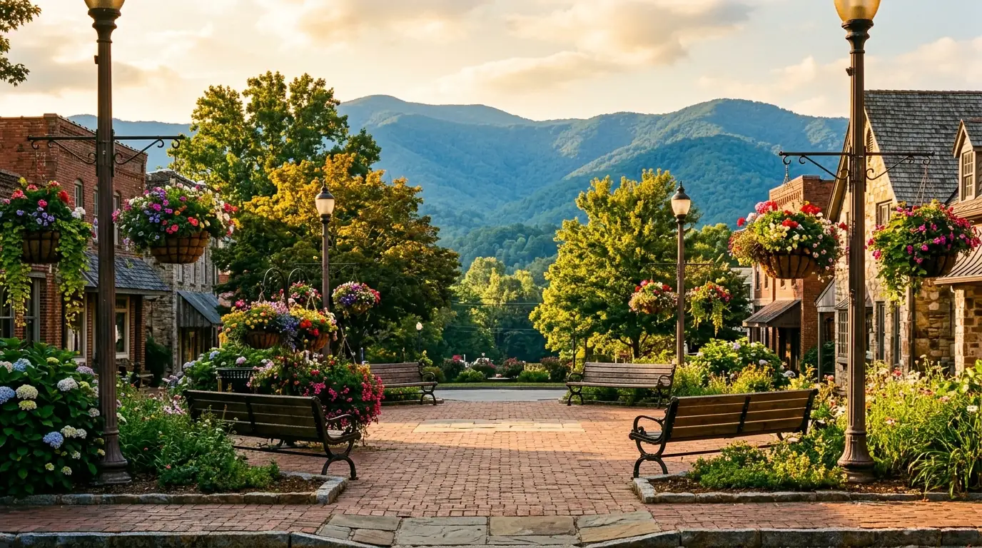 Sunlight warms a brick town square with flowering hanging baskets, wooden park benches, and lush blue mountain peaks rising gently in the background