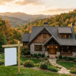 A craftsman-style home nestled in a wooded mountain landscape, with a blank real estate sign standing in the manicured front yard