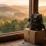 A student’s backpack rests on a cardboard moving box beside a sunlit window overlooking misty, tree-covered mountain hills