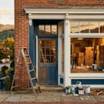 Bright sunlight illuminates a freshly painted historic brick storefront, featuring a wooden ladder, paint cans, and unpacked cardboard boxes inside
