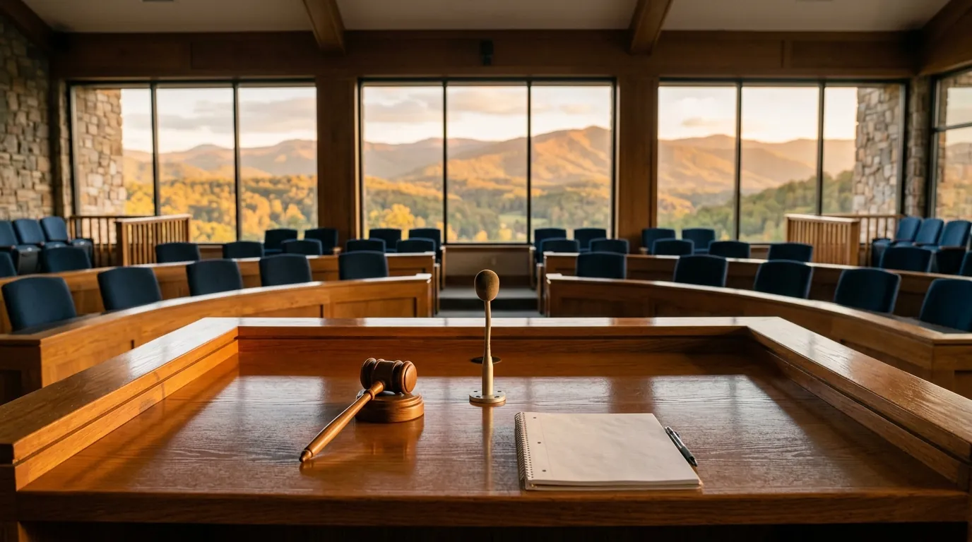 A wooden gavel, small microphone, and notepad rest on a polished desk before rows of empty chairs in a generic council chamber